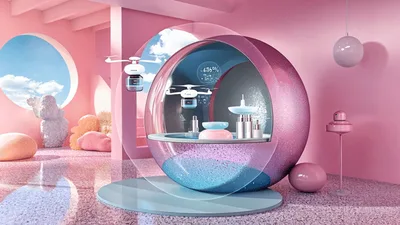 Futuristic Beauty Drones Hovering In Pink Surreal Room