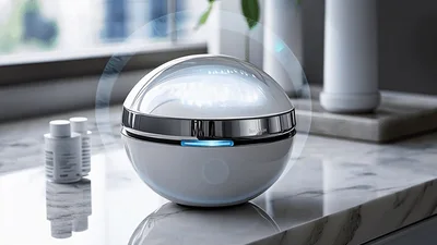 Modern Smart Air Purifier Emitting Pulsing Blue Light
