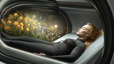 Woman Sleeping In Futuristic Cryogenic Stasis Pod