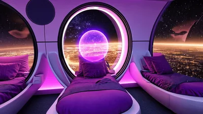 Futuristic Space Station Bedroom With Glowing Planet View