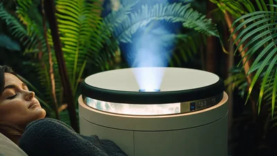 Woman Sleeping Beside Modern Humidifier In Tropical Setting
