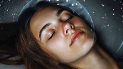 Young Woman Sleeping Under A Glowing Circular Light