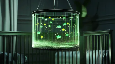 Glowing Starry Night Mobile Hanging Over Baby Crib