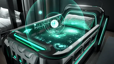 Futuristic Medical Bed With Holographic Diagnostic Interface