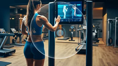 Woman Interacting With AI Fitness Mirror In Gym