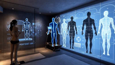 Woman Using Futuristic Holographic Fitness Analysis System