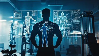 Muscular Man Analyzing Body Metrics With Futuristic Holographic Interface