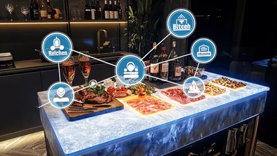 Digital Network Overlay Over Gourmet Food Spread