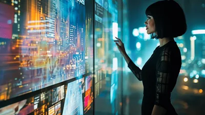 Woman Interacting With Futuristic Digital City Interface
