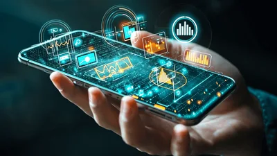 Hand Holding Smartphone With Futuristic Augmented Reality Data Interface