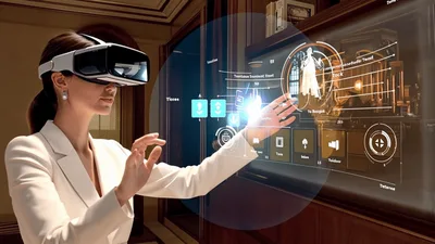 Woman Interacting With Augmented Reality Interface In Luxury Office