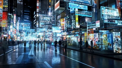 Futuristic Cyberpunk City Street With Digital Holographic Advertisements