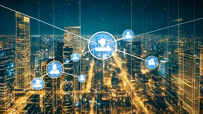 Digital Network Connections Over Modern Smart City Skyline