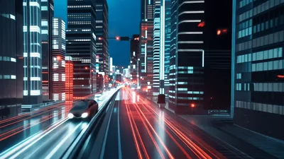 Futuristic City Highway With Motion Blur Traffic Lights