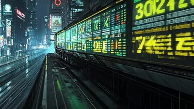 Futuristic Train With Digital Stock Market Displays Moving