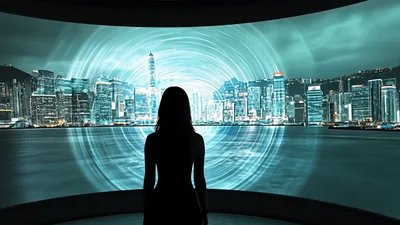 Silhouette Woman Watching Digital Portal Over Hong Kong Skyline