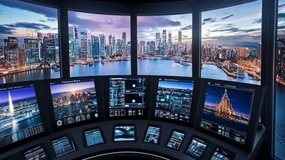 Futuristic Command Center Overlooking A Modern City Skyline