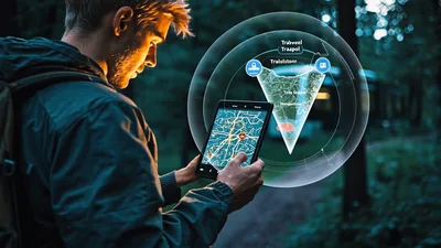 Man Using Augmented Reality Map In Forest At Night