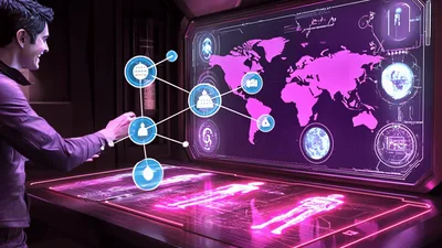 Futuristic Scientist Interacting With Holographic Global Data Interface