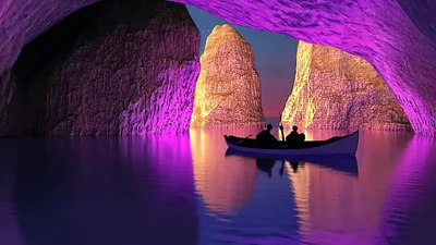 Two People Rowing A Boat Through A Glowing Cave
