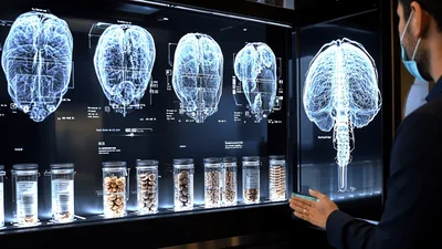 Man Interacting With Digital Brain Scan Display