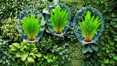 Three Glowing Plant Bubbles Floating Over Green Wall