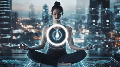 Woman Meditating With Futuristic Digital Interface Overlay