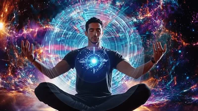Man Meditating With Glowing Cosmic Energy Core