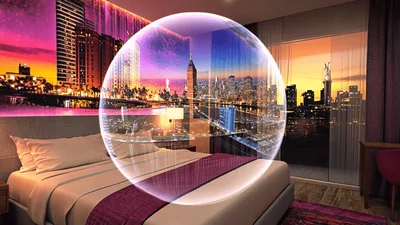Digital Globe Hologram Floating Above Modern Hotel Bed