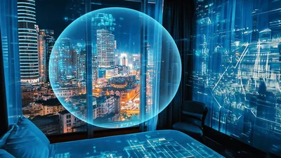 Futuristic Augmented Reality Cityscape Projection In Bedroom