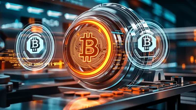 Glowing Bitcoin Symbol Rotating In Futuristic Digital Mining Facility