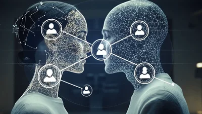 Digital Human Heads Connecting Through Network Nodes