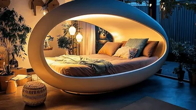 Modern Futuristic Egg Shaped Bed In Cozy Bedroom