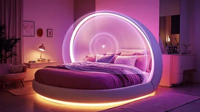Futuristic Circular Bed With Glowing Holographic Sound Waves