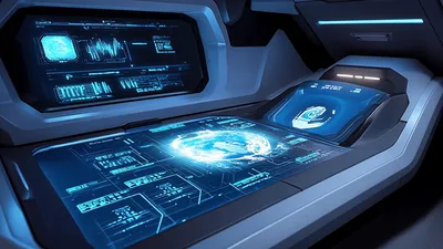 Futuristic Sci-Fi Command Console With Holographic Earth Display