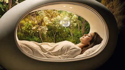 Woman Sleeping Inside Futuristic Oval Relaxation Pod