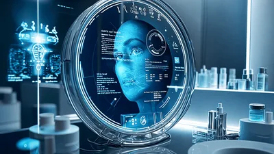 Futuristic Smart Mirror Displaying Facial Skin Analysis Data