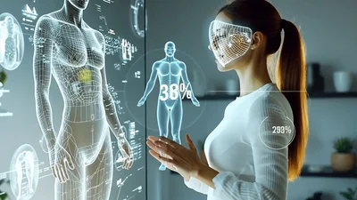 Female Scientist Interacting With Holographic Human Anatomy Interface