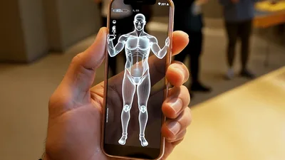 Hand Holding Smartphone Displaying Augmented Reality Human Anatomy