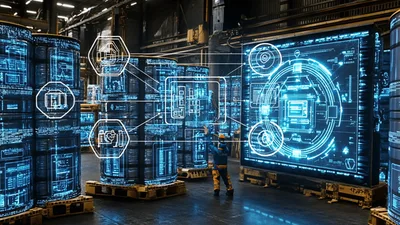 Technician Interacting With Holographic Data Interface In Warehouse