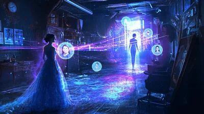 Digital Ghost Woman Connecting With Floating Holographic Portraits