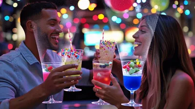 Young Couple Toasting With Colorful Cocktails At Night