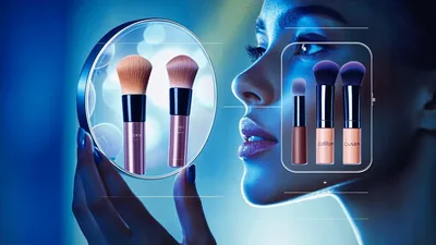 Woman Holding Mirror Reflecting Professional Makeup Brushes