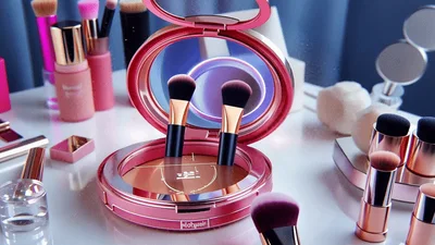 Pink Makeup Compact With Brushes On Vanity Table
