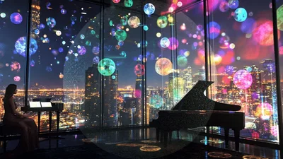 Woman Playing Grand Piano In Digital Art Installation