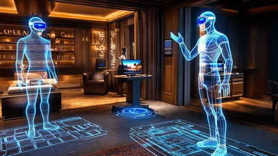 Digital Human Avatars Interacting In A Futuristic Hotel Suite