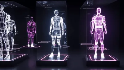 Futuristic Holographic Mannequins Displayed In Dark Exhibition Room