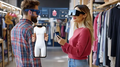 Couple Using Augmented Reality Glasses For Virtual Clothing Shopping