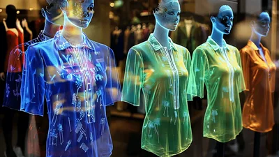 Futuristic Mannequins Displaying Glowing Digital Clothing In Store Window