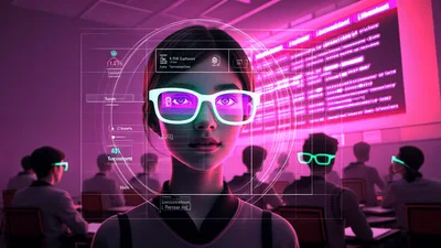 Young Woman Wearing Smart Glasses In Futuristic Classroom